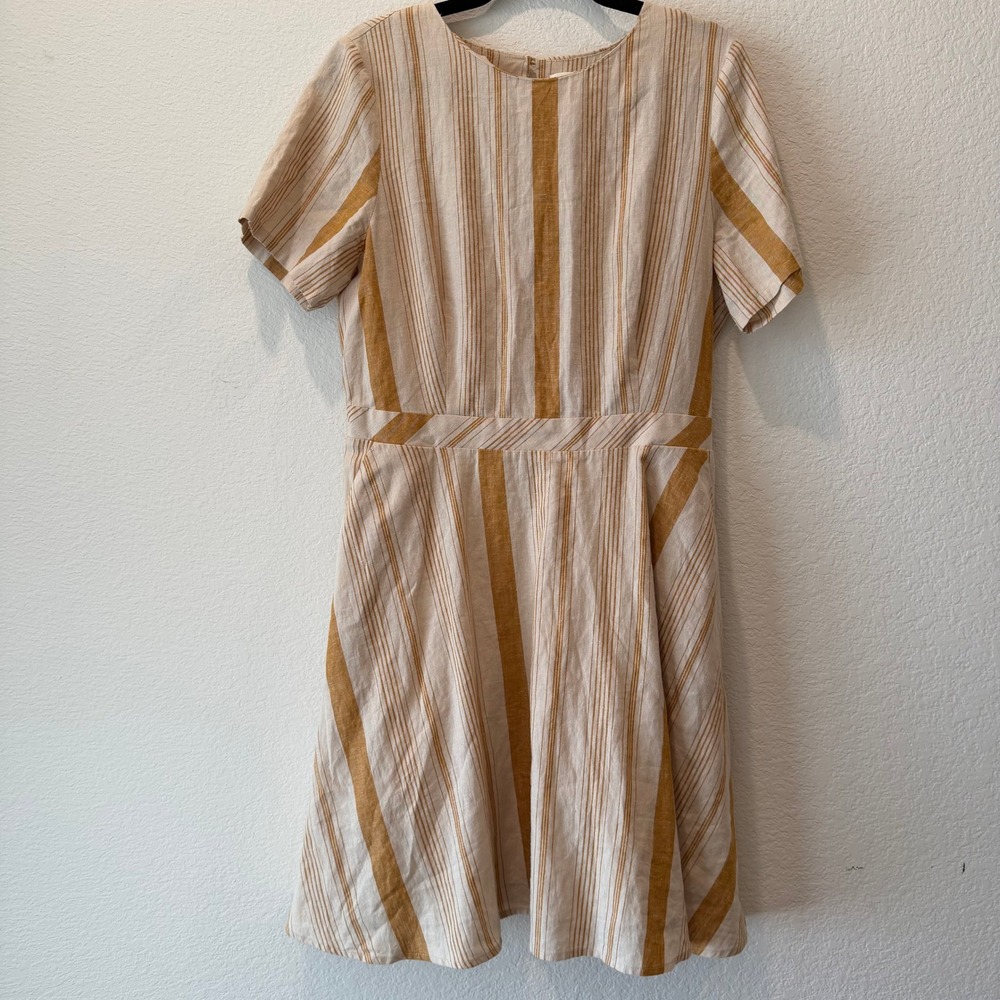A Loves A Striped Fit and Flare Dress Mustard Yellow Cream Short Sleeve Large